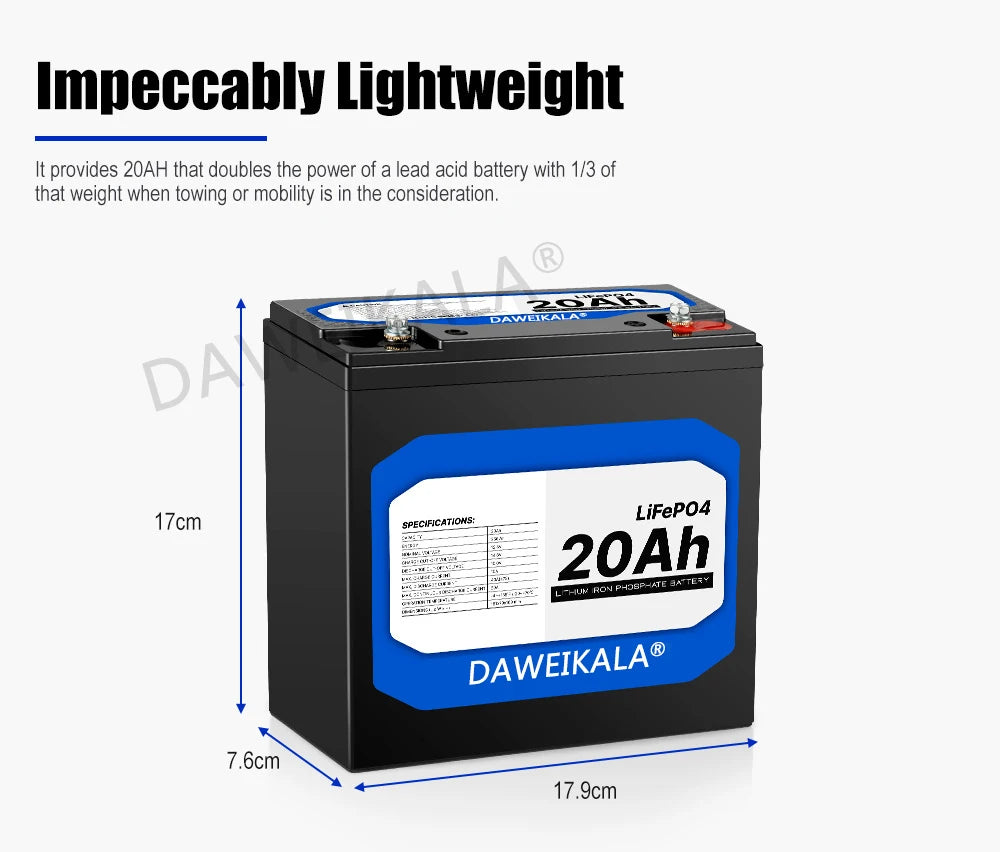 New 12V 20Ah LiFePo4 Battery, Lightweight battery with 20Ah power, ideal for towing and mobility applications where weight is a concern.