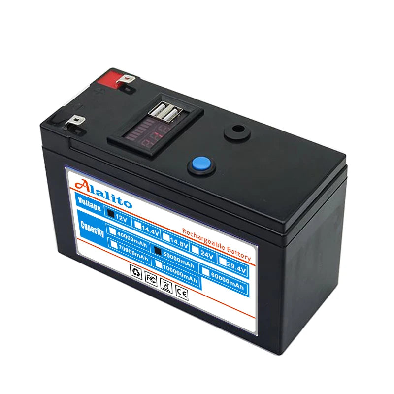 Lithium battery pack with 12V, 100Ah capacity and 12.6V charger for solar energy and electric vehicle use.