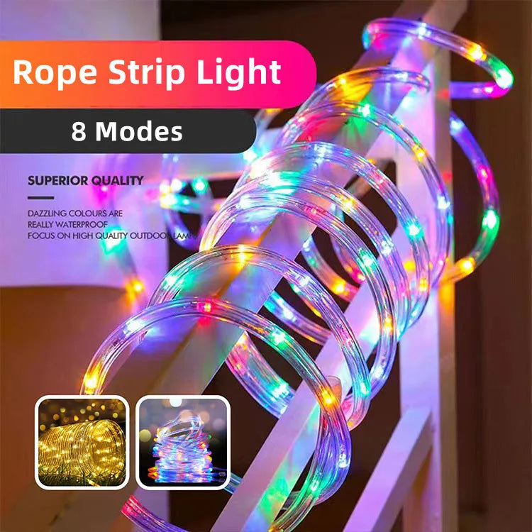 300LED Solar Rope Strip Light, Waterproof LED strip light with 8 modes and colorful display ideal for outdoor use in gardens, lawns, or yards.