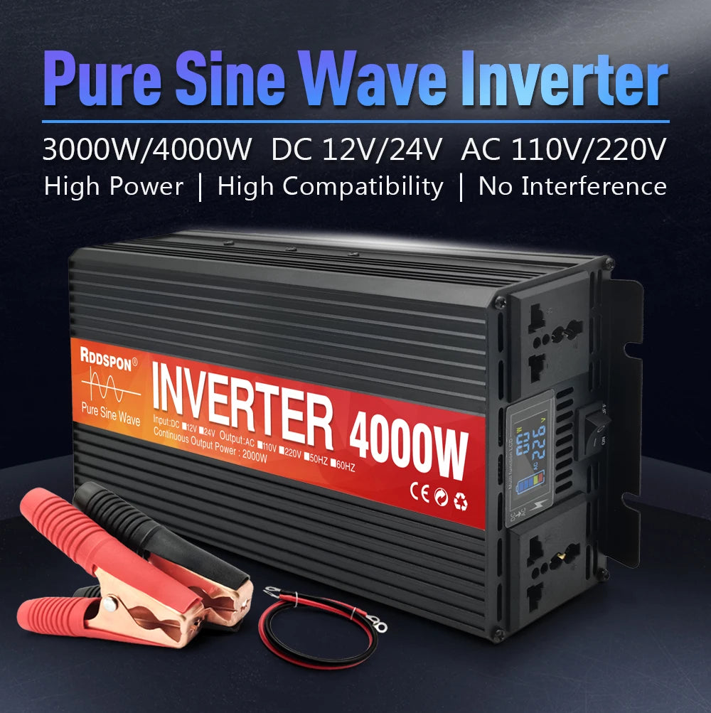 LED 3000W Pure Sine Wave Inverter, Converts DC power to pure AC power with high compatibility and no interference.