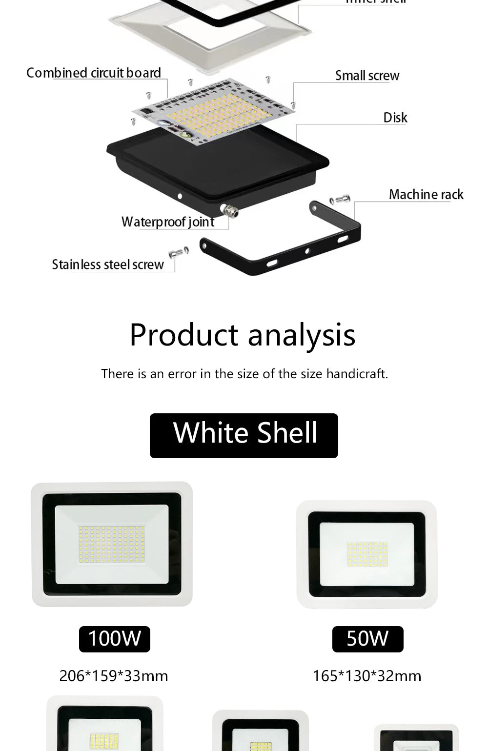Waterproof LED flood light for outdoor use, with various wattage options and a durable design.