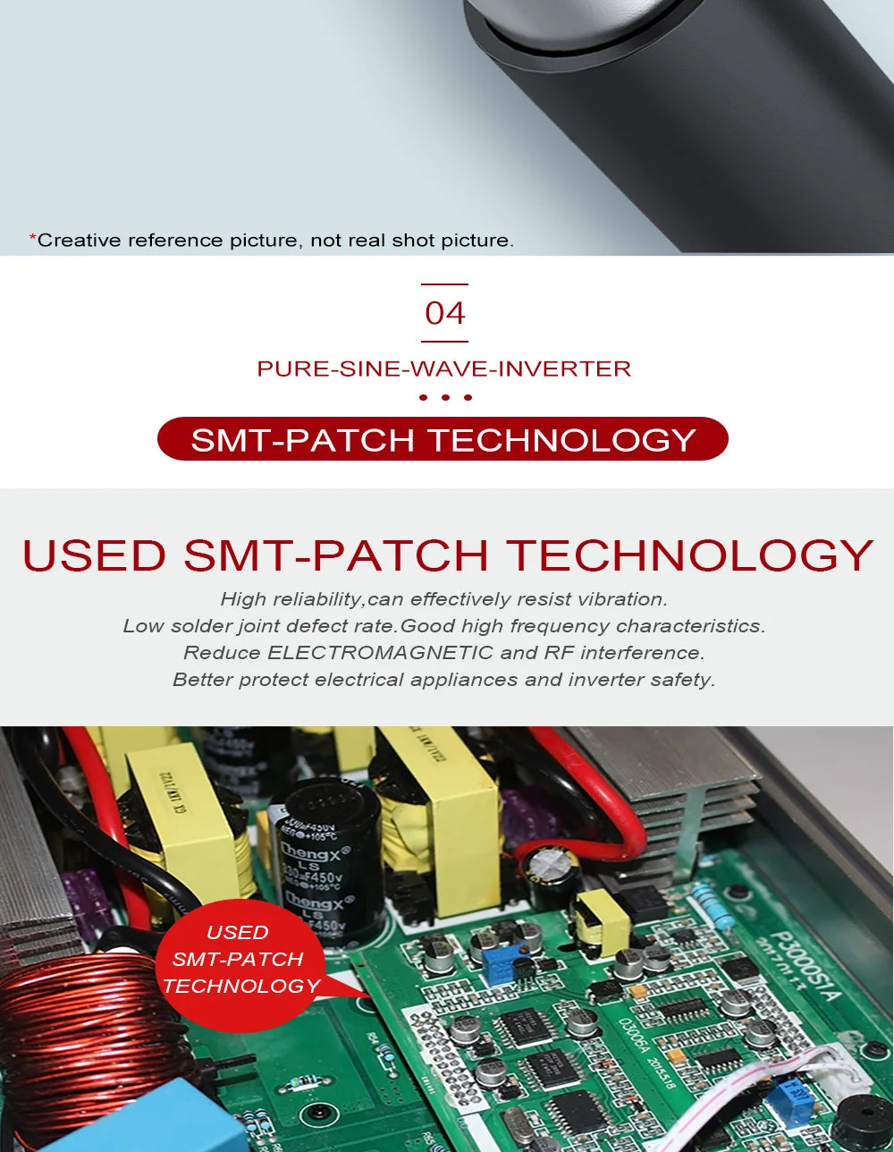 Pure Sine Waveform Universal Inverter, Reliable pure sine wave inverter with SMT-Patch tech reduces interference and protects devices.