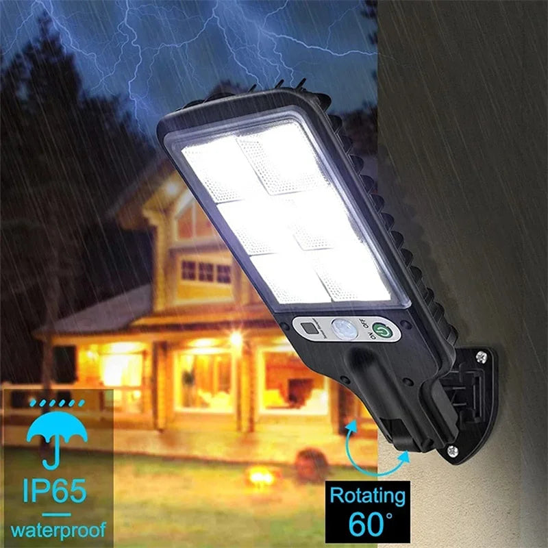 LED Solar Street Light, Auto-adjusting light sensor turns on in dark conditions and brightens with motion detection.