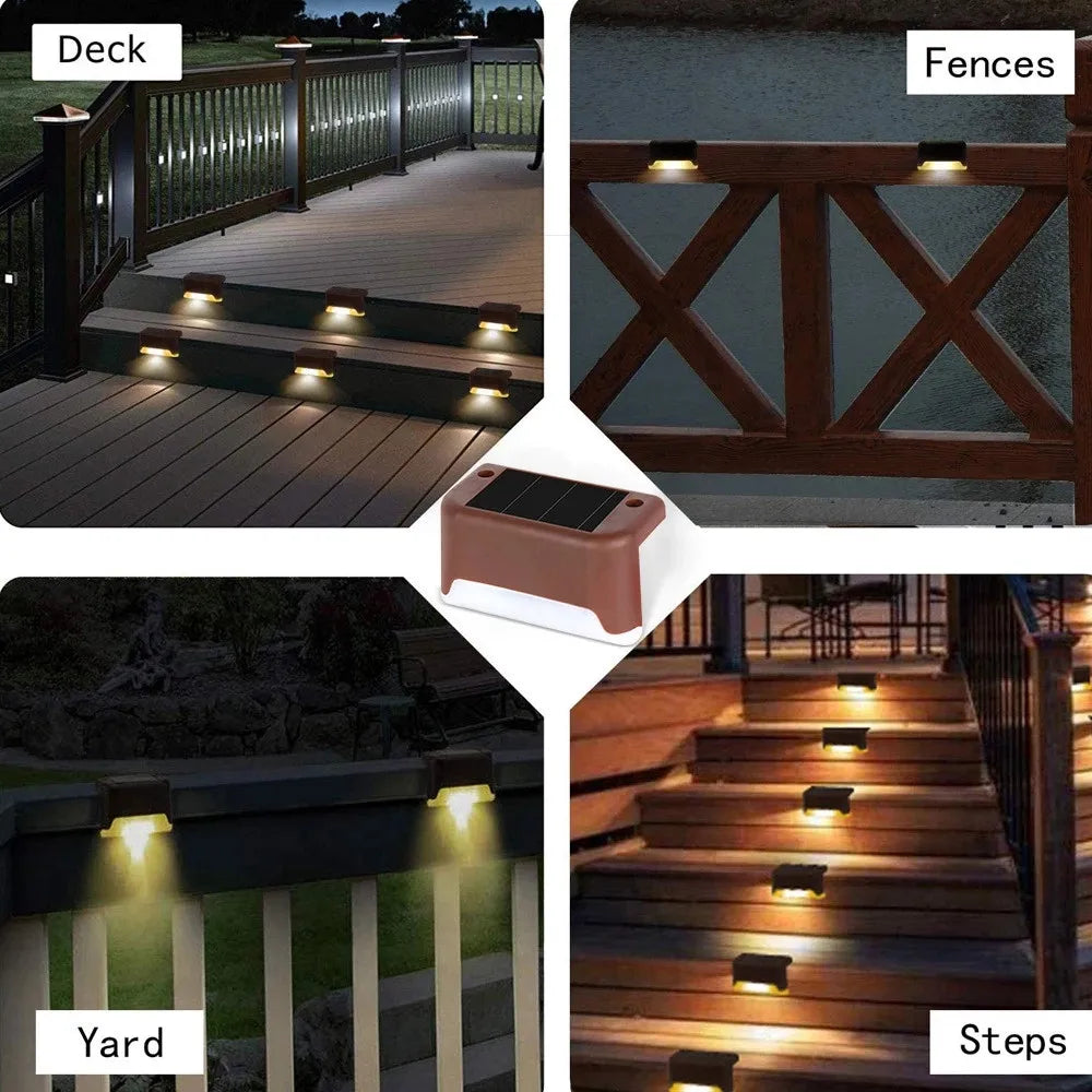 Solar safety lights illuminate various outdoor areas like stairs, paths, and more.