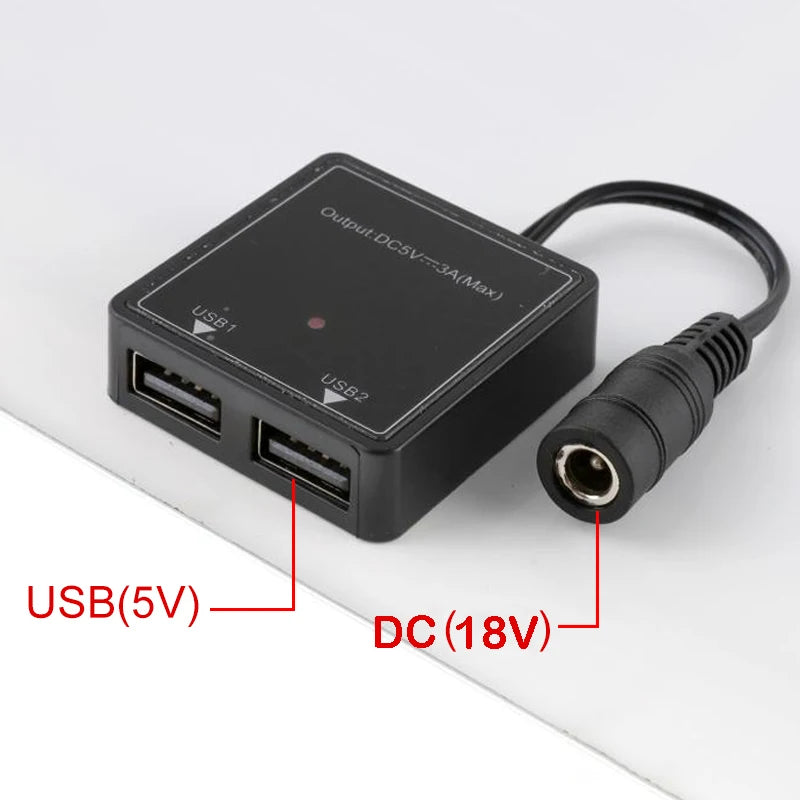 18V Solar Panel, Output: Dual USB ports (5V), 18V DC, max 3A output.