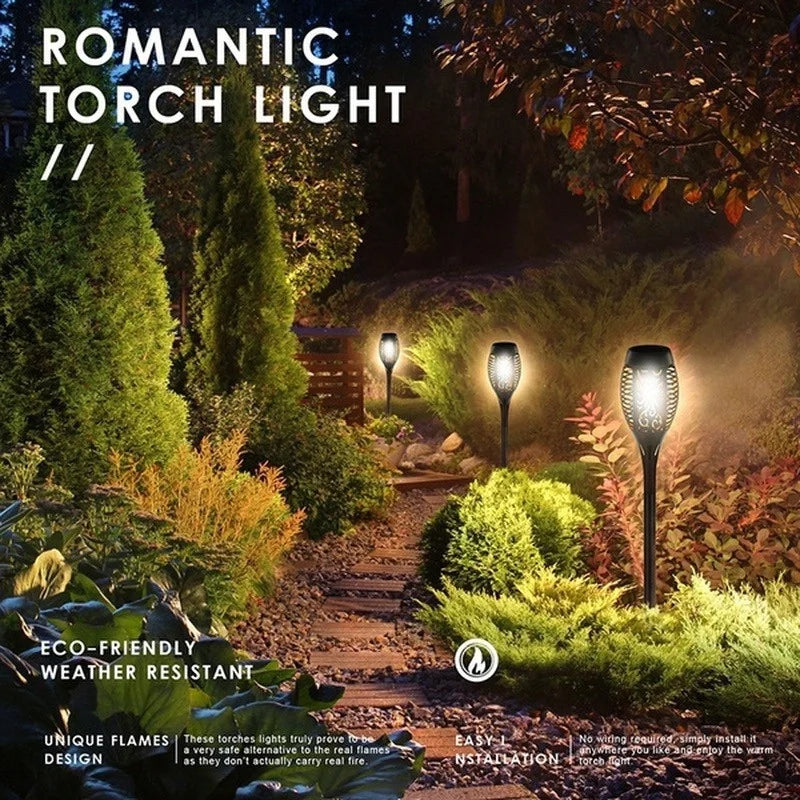1/2/4/6/8/10/12Pcs Solar Flame Torch Light, Solar-powered torches with eco-friendly design, weather-resistant, and soft flickering flames for romantic outdoor lighting.