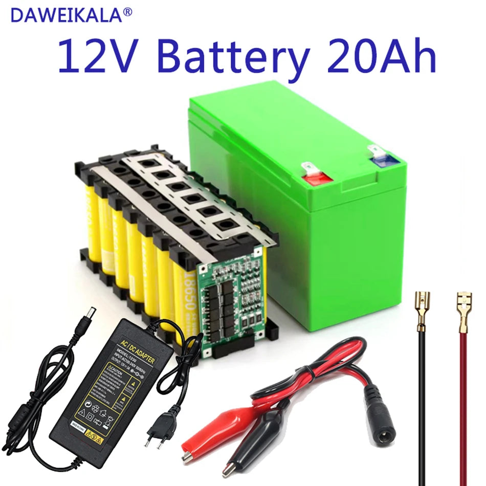 12V Battery, Rechargeable battery pack with 12V, 20Ah capacity and 3A charger for solar power and lighting.