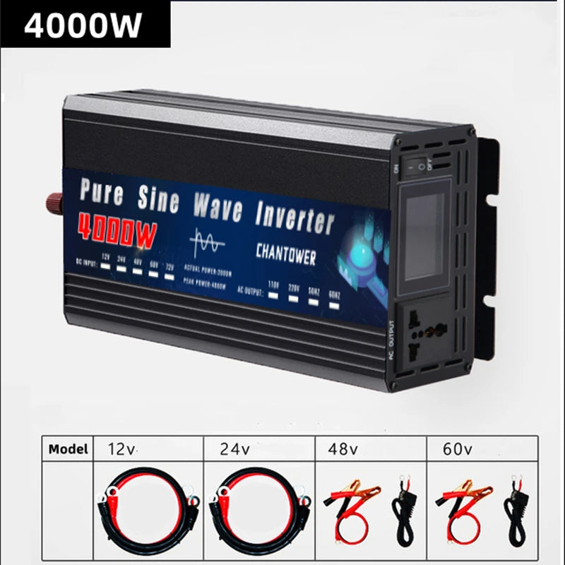 Pure sine wave inverter for 12V, 24V, or 48V systems, outputting up to 4000W.