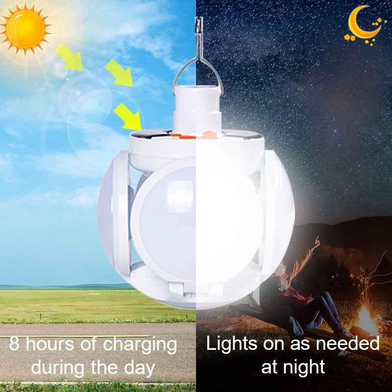 Solar Outdoor Folding Light, Portable solar-powered torch with rechargeable LED bulb and USB charging port.