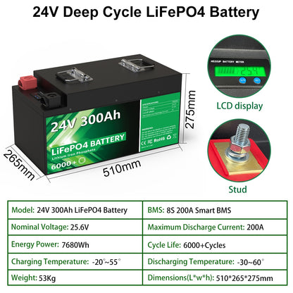 LiFePO4 24V 300Ah 200Ah 100Ah Battery Pack - 6000 Cycles 25.6V 7680Wh 8S 200A BMS RV Golf Cart Rechargeable Lithium Battery No Tax