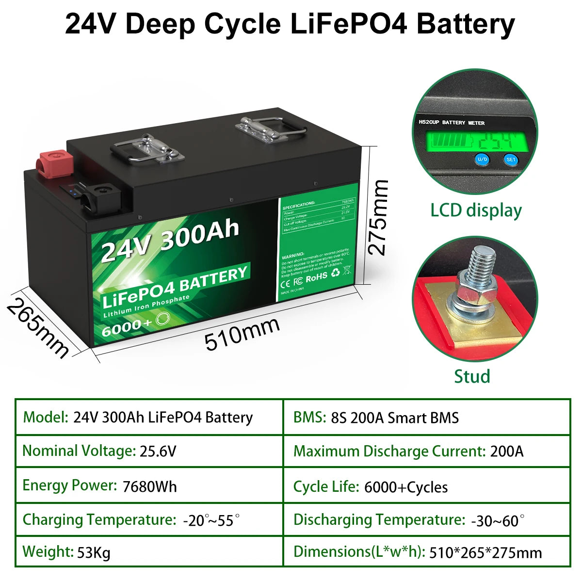 LiFePO4 24V 300Ah 200Ah 100Ah Battery, Product: 24V Deep Cycle LiFePO4 Battery. Specifications: