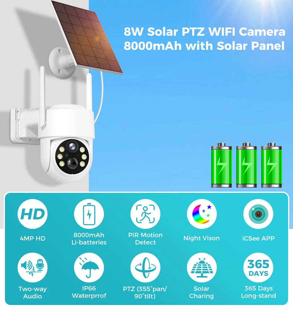 SOVMIKU WIFI Solar Camera, Outdoor security camera with solar power, Wi-Fi, and advanced features for surveillance.