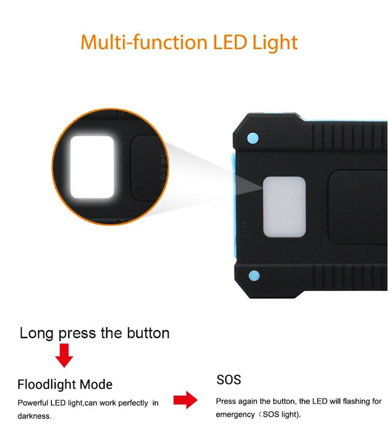 Adjustable LED light with floodlight and SOS modes, activated by long-pressing a button.