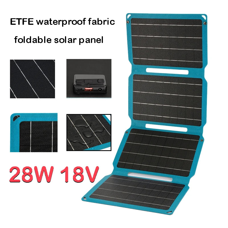 ETFE 18V 28W Foldable Solar Panel, Compact waterproof solar panel for camping and outdoor use, producing 28W power at 18V.