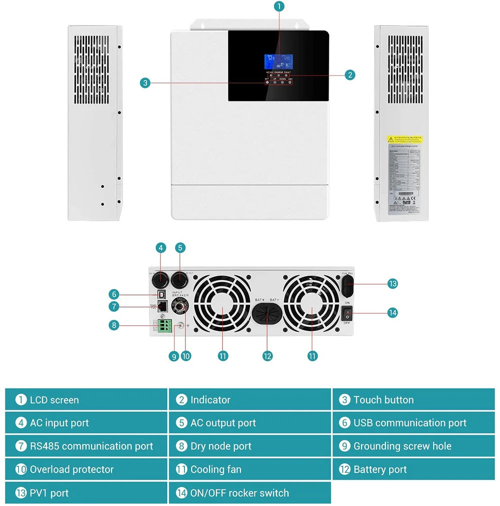 Inverter with LCD display, touch controls, and various connectors for power management and monitoring.