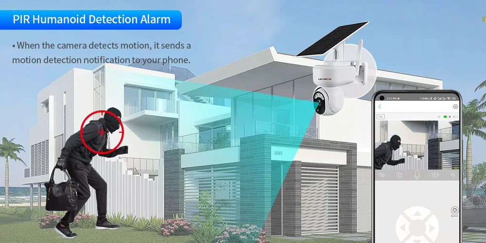 Instant phone notifications sent when motion is detected by advanced PIR sensor.