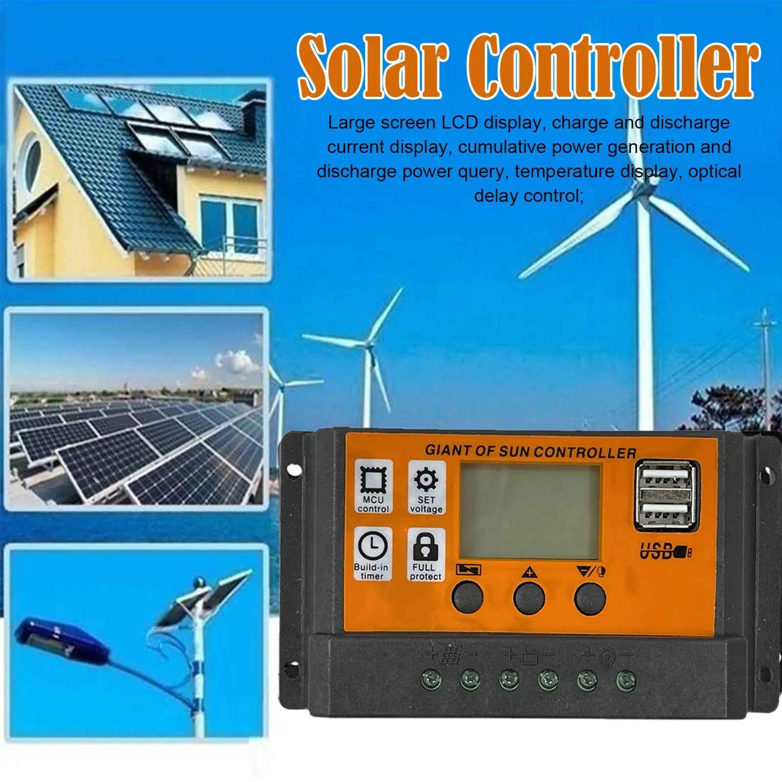 MPPT Solar Charge Controller, MPPT solar controller with LCD display shows current, power, and temp, plus built-in protection against over/under voltage, current, and temperature.