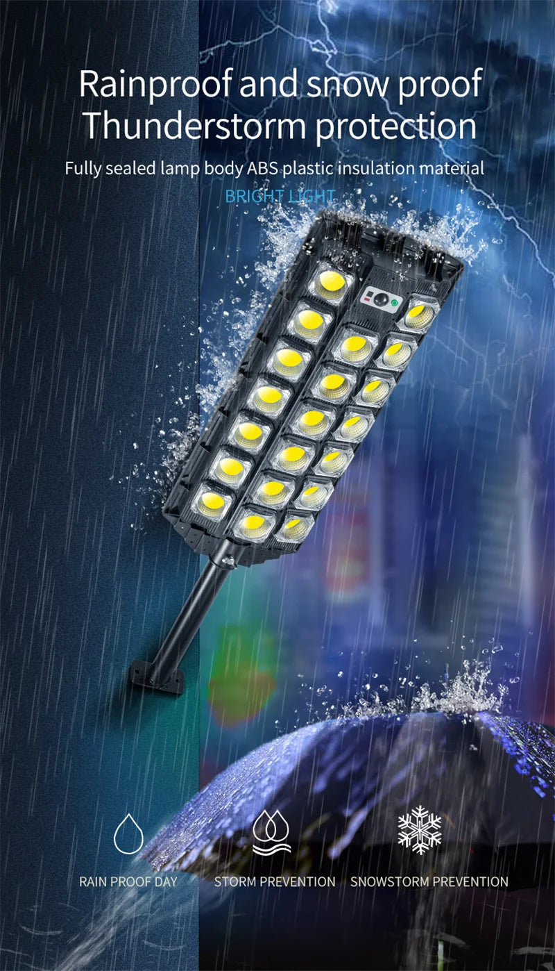 15000LM Solar Street Light, Durable and weather-resistant design for outdoor use in rain, storms, and snow.