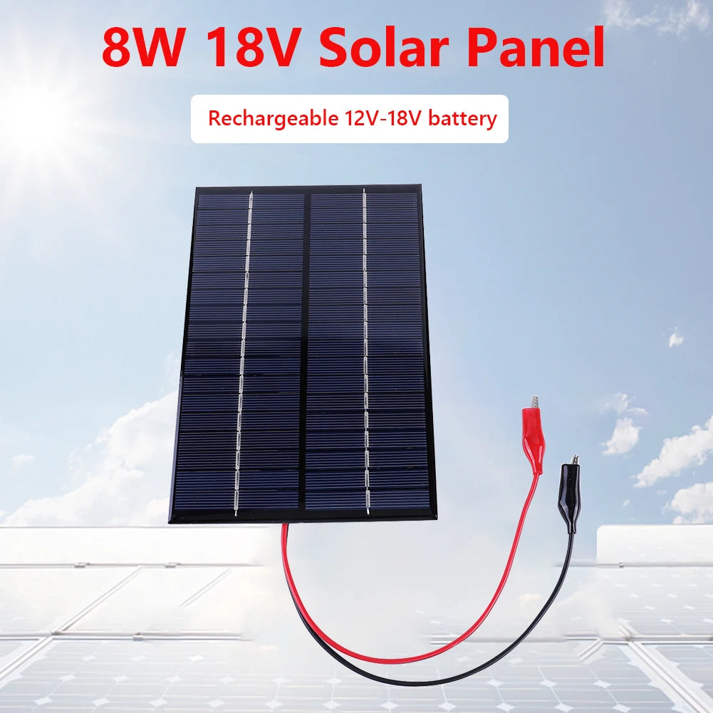 Waterproof Solar Panel, 8W 18V solar panel charges 12V-18V rechargeable batteries.