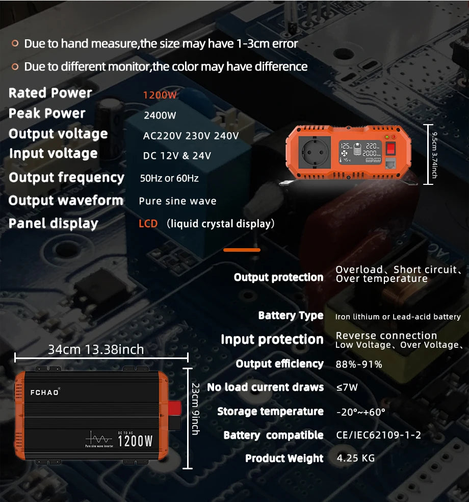 FCHAO 2400W Solar Panel Inverter, Solar panel inverter converts 12/24V DC power to 220V AC, suitable for RVs and trucks.