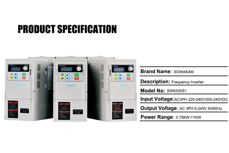 SOWAKAM SWK500SI Solar VFD: 220V input, 2.2kW output, and adjustable 50/60Hz frequency.