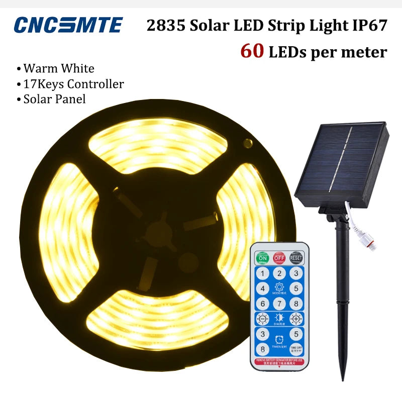 Solar LED Strip Light, Solar-powered LED strip with 60 LEDs/m, warm white color, and IP67 rating; controlled by 17-key remote and solar panel.