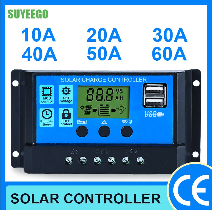SUYEEGO 30A 20A 10A Solar Controller, SuyeeGo's solar charge controller regulates up to 60A, featuring LCD display and USB output.