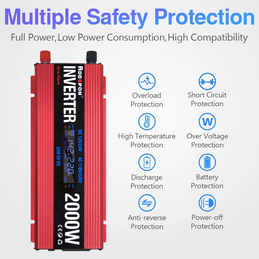 Solar Power Inverter, Inverter features multiple safety protections for safe and reliable use, including overvoltage, temperature, and discharge battery protection.