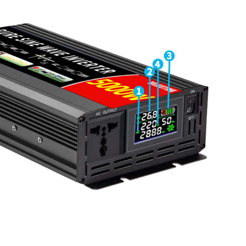 Inverter, Multi-function power converter with pure sine wave, converts DC to AC from 12V to 220V and 24V to 110V.