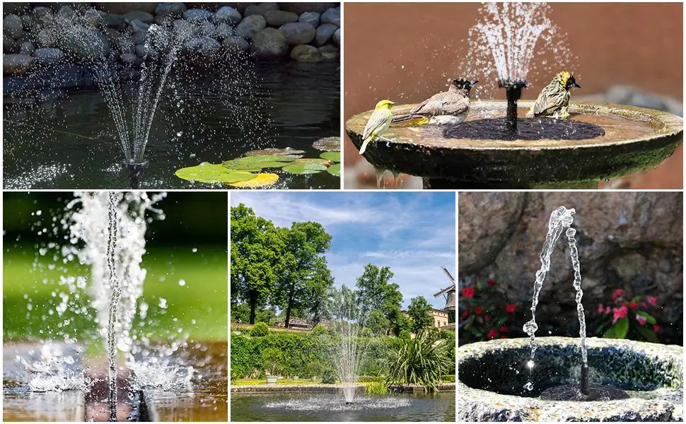 2.5W Solar Bird Bath Fountain, Features six adjustable nozzles, creating varying spray patterns and modes for unique water displays.