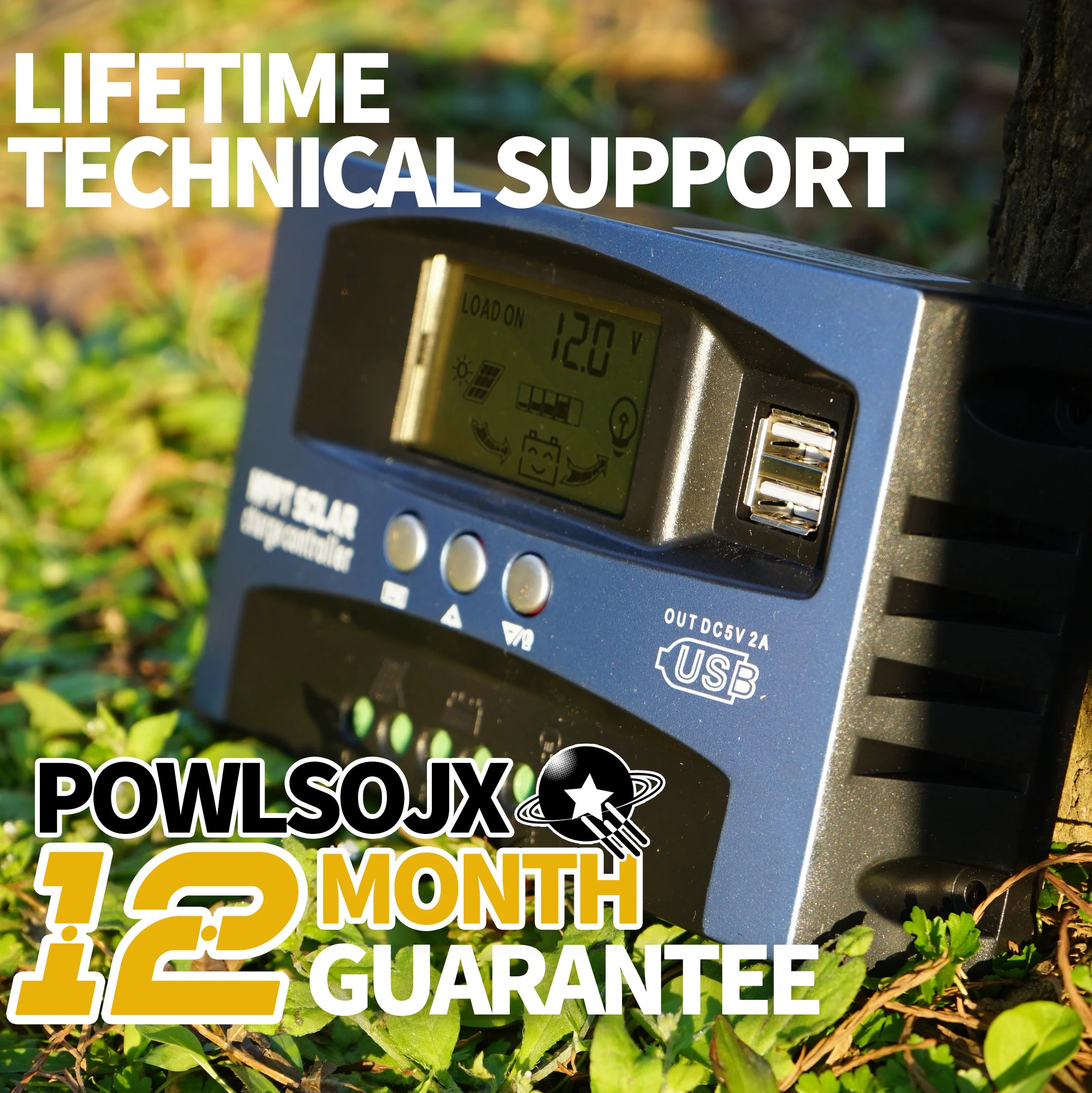 POWLSOJX MPPT Solar Charge Controller, Technical support available for 12V/24V charge controller with dual USB ports and LCD display.