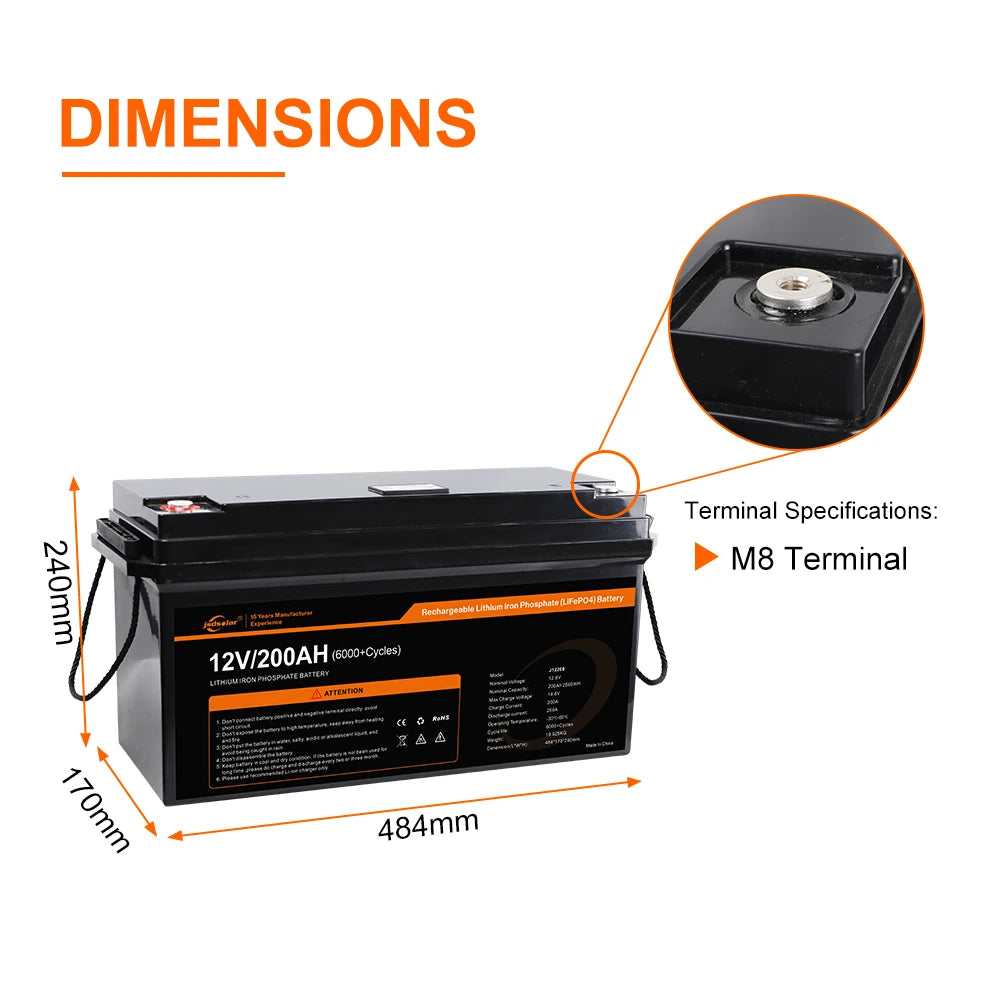 LiFePO4 battery specifications: 12V/24V, 100Ah/200Ah, M8 terminals, up to 6,000 cycles.