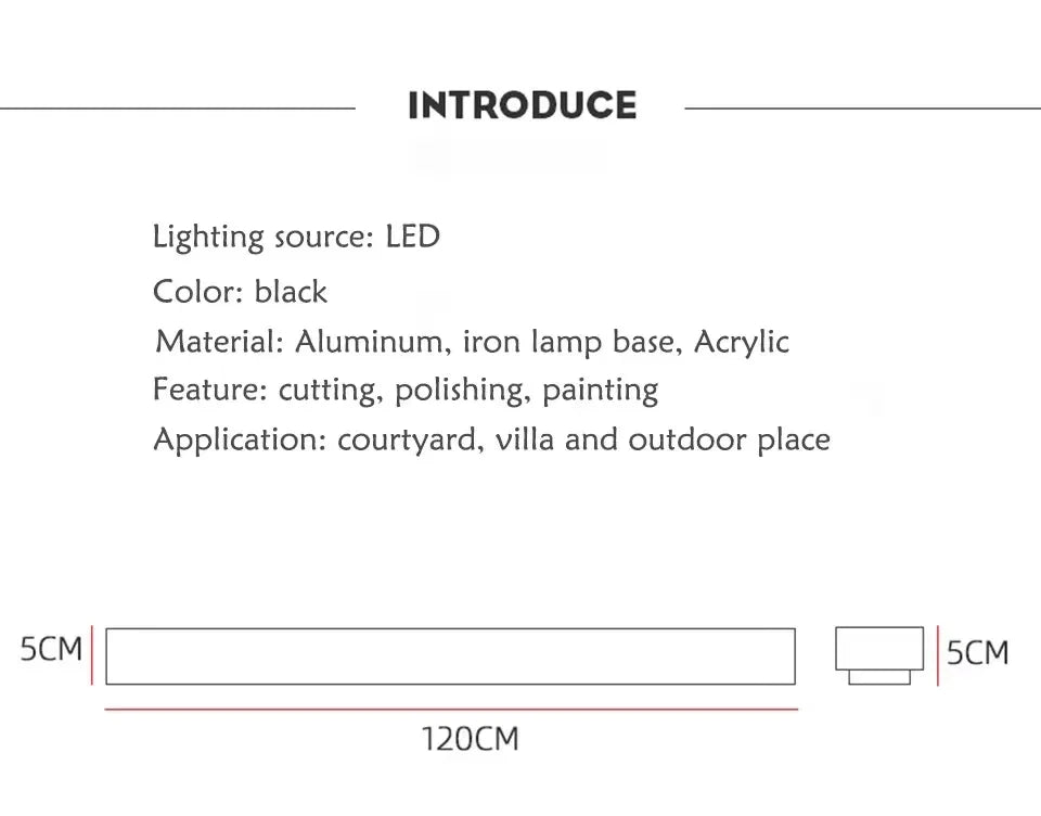 Waterproof LED long wall light with black LED and metal/aluminum/iron design for courtyard, villa, and outdoor use.