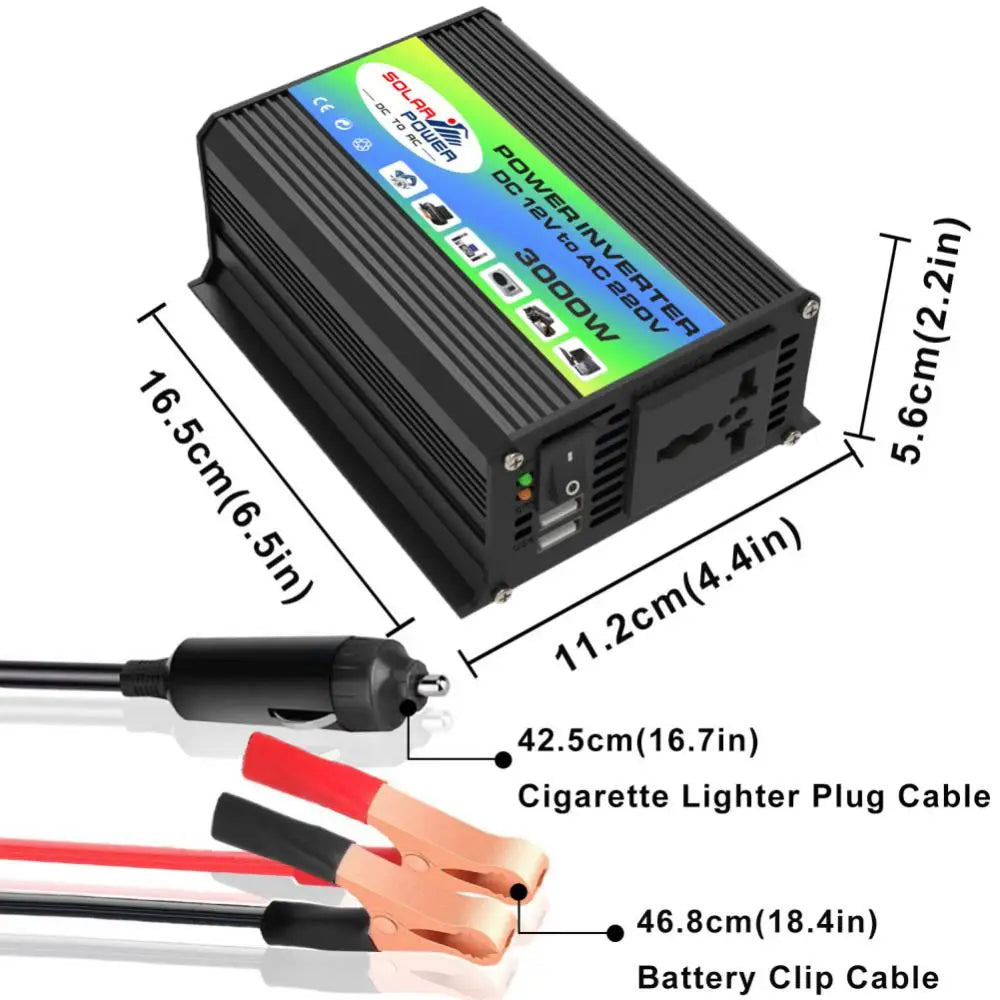 Car Inverter, Converts 12V DC to 220V AC power, suitable for solar-powered cars and off-grid use.
