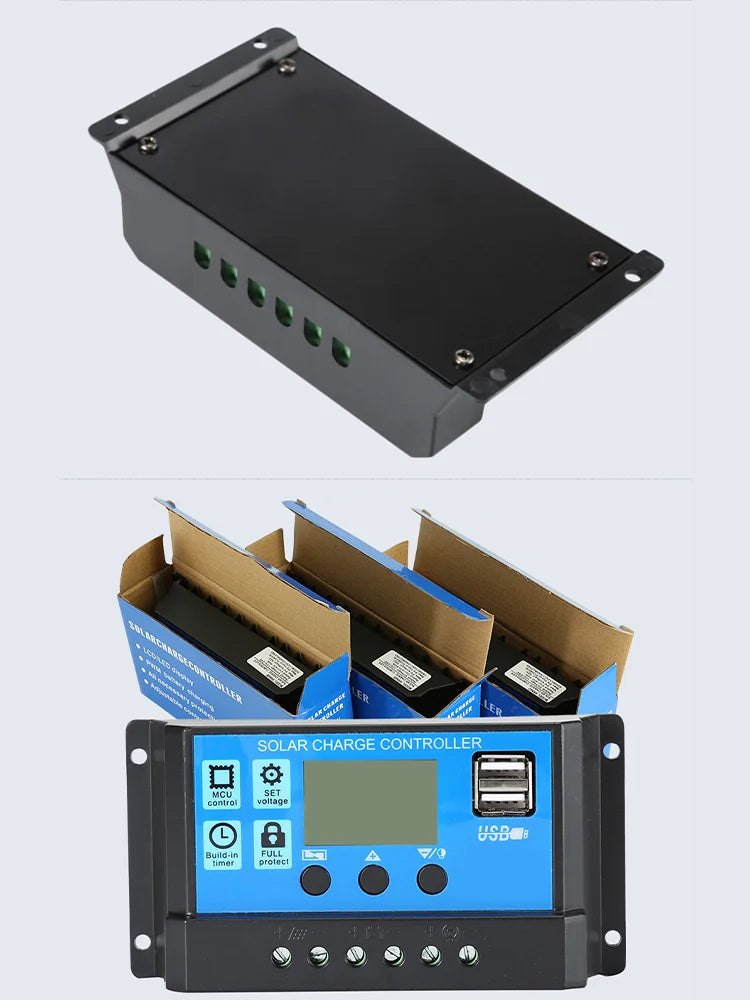 Solar Controller, Adjustable solar charge controller for 12V/24V systems with PWM regulation and LCD display.