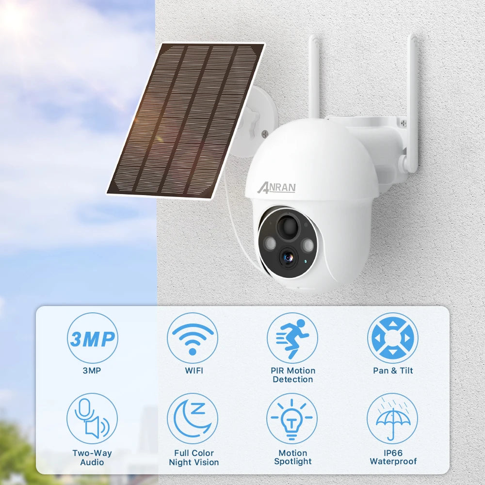 ANRAN 3MP Battery Camera, Wireless security camera with advanced features: Wi-Fi, motion detection, audio, night vision, spotlight, and waterproof design.