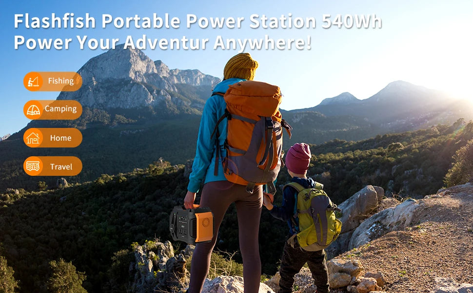Portable power station for outdoor adventures: 540Wh capacity powers camping, fishing, RVing, and travel.
