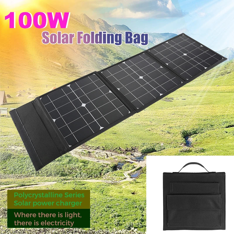 Portable solar charger for outdoor use, generating power from sunlight.