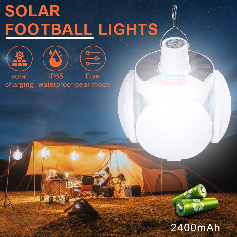 Portable Solar LED Light, Waterproof solar light for camping and outdoor use, rechargeable and has multiple brightness settings.