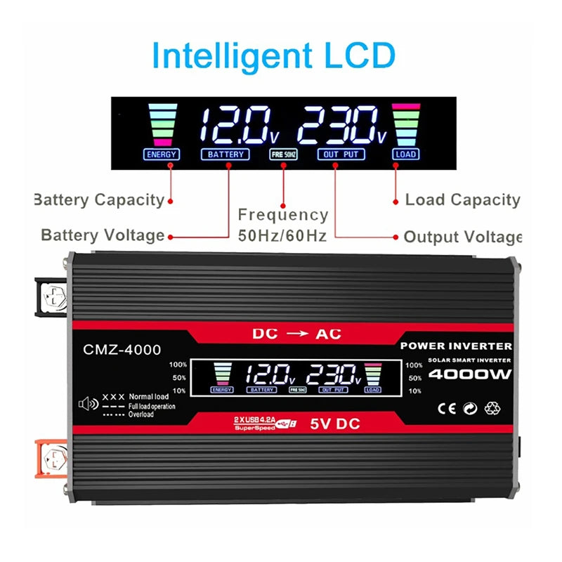 4000W LCD Display Solar Power Inverter, Portable solar-powered inverter with LCD display, converting 12V to 110-220V for charging devices at home or on-the-go.