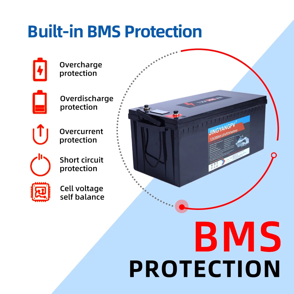 Jingyang 12V 100Ah 200Ah Lithium LiFePO4 Battery, Safety features include overcharge/discharge protection, short-circuit prevention, and cell balancing for safe lithium battery usage.