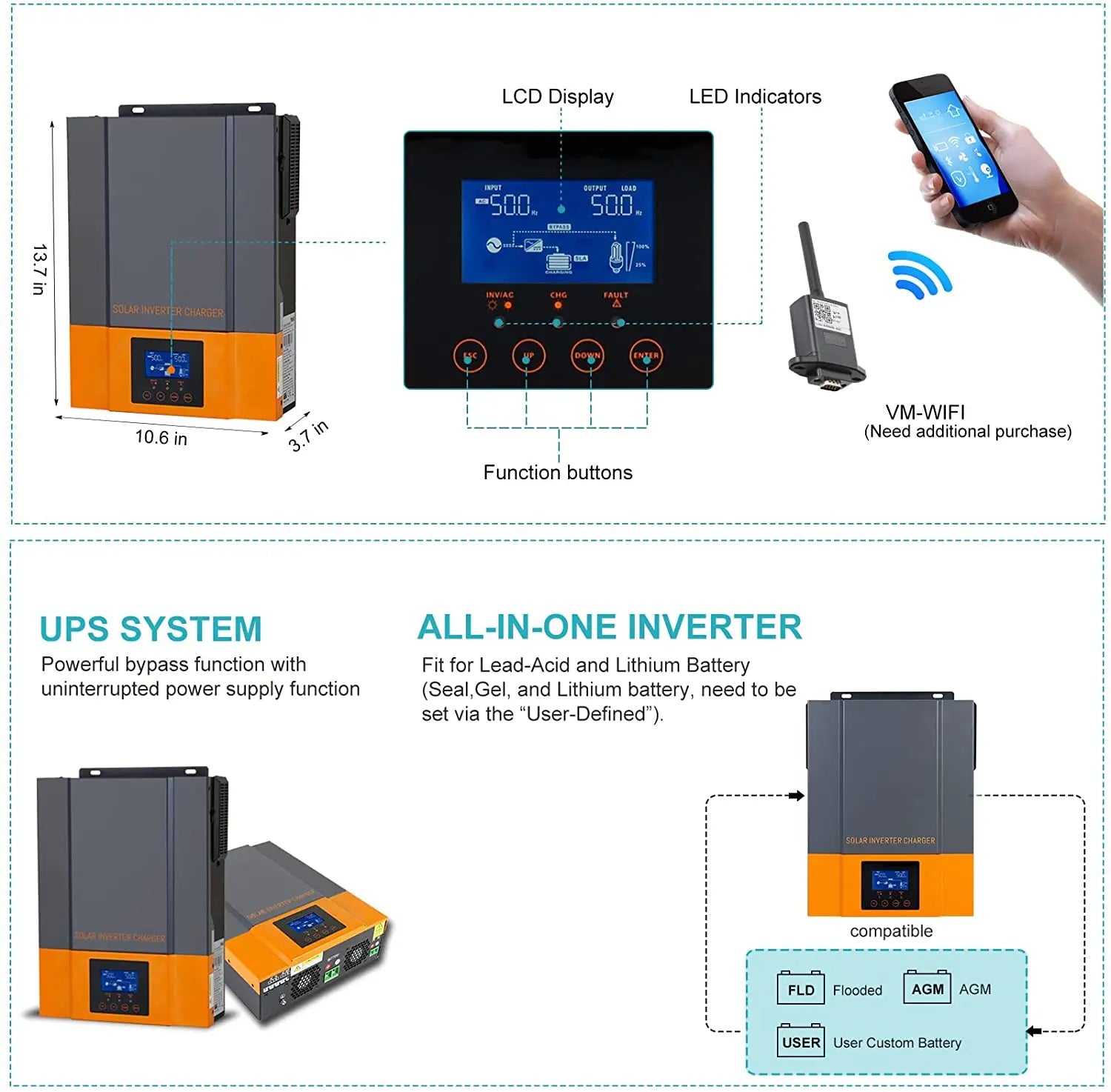 Advanced solar inverter with LCD display and Wi-Fi connectivity for off-grid power systems.