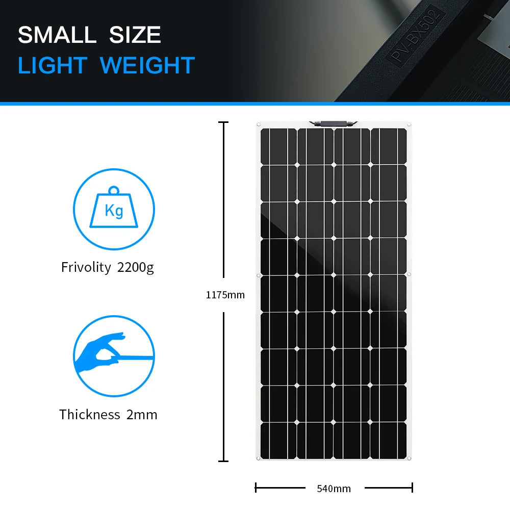 Flexible solar panel, Compact and lightweight compact tool measures 1175mm x 54mm x unknown depth.