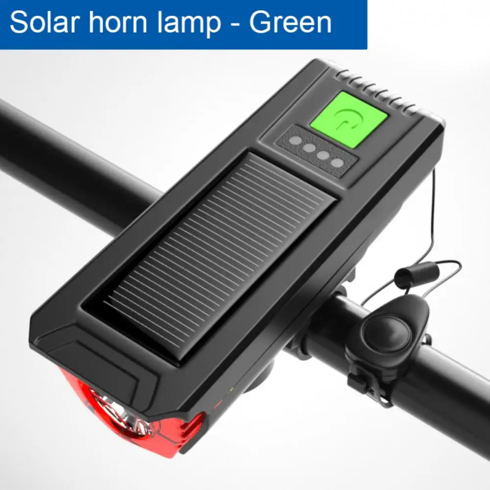 Multifunctional Solar Bicycle Light, Solar-powered bike light with speaker, battery indicator, and 5 sound modes; water-resistant up to 200m.