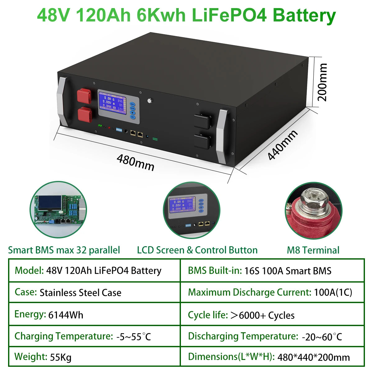 LiFePO4 48V 120Ah Battery, 48V 120Ah LiFePO4 battery pack with high capacity and cycle life.
