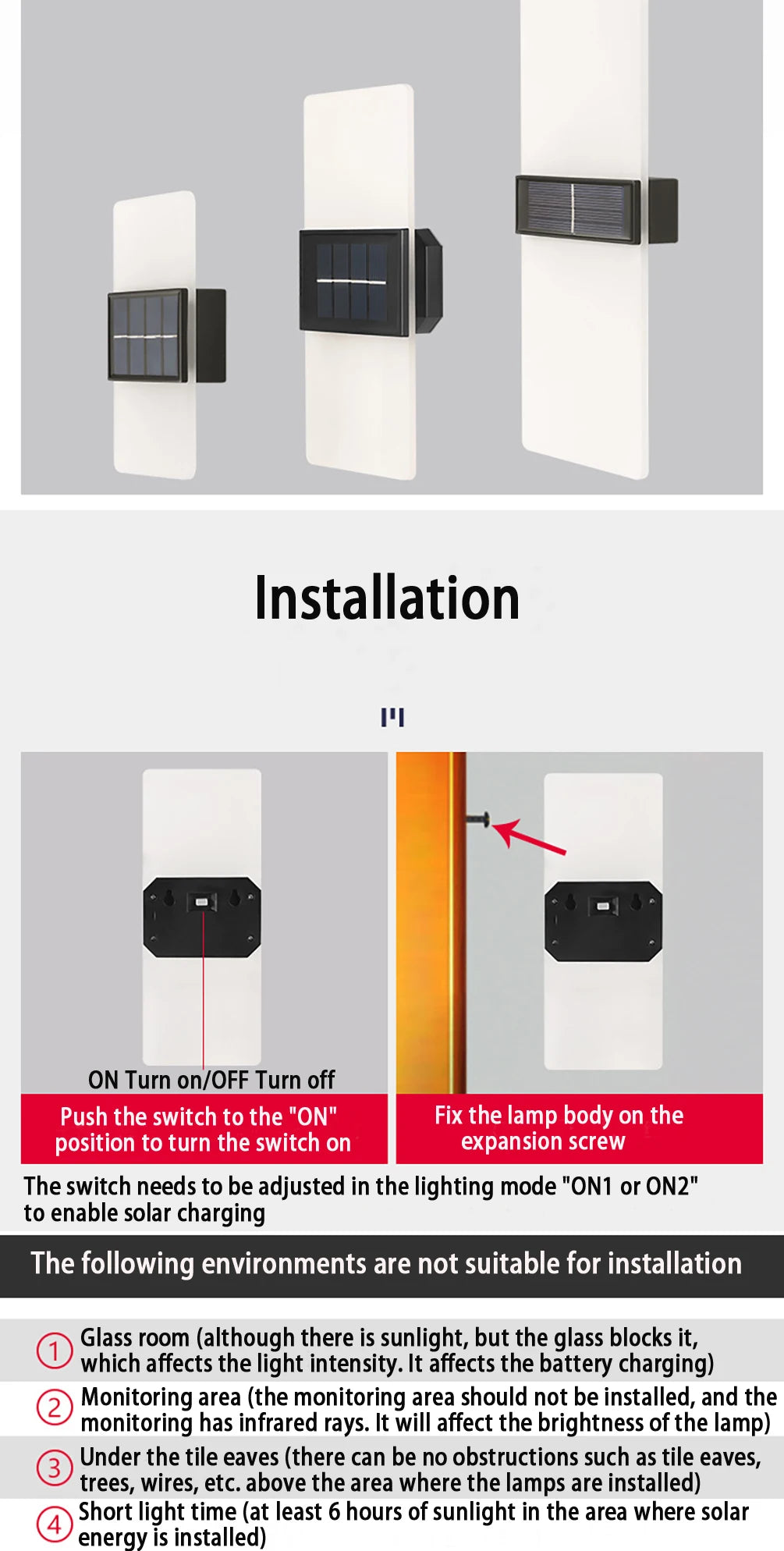LED Solar Wall Light, LED solar-powered wall lights with pure white and warm white options, waterproof and secure, backed by 3-year warranty.