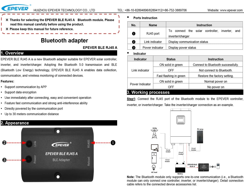 Bluetooth-compatible adapter for EPER solar charger controller and communication via mobile phone app, BLE, and RJ45.