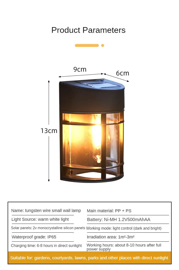 Waterproof LED solar lamp for outdoor use, perfect for gardens and fences.