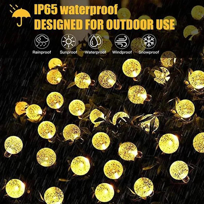 Solar String Light, Durable and weather-resistant, designed for outdoor use, withstanding rain, sun, wind, and snow.