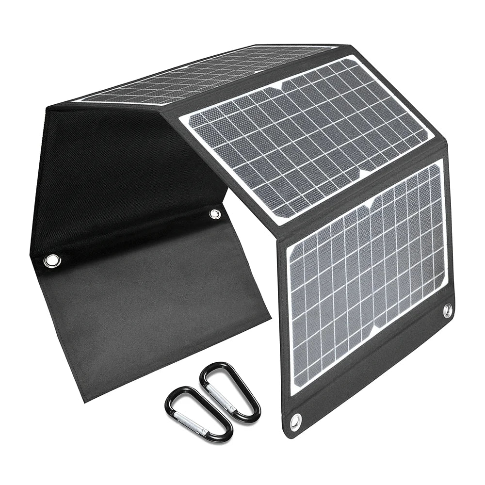 Solar panel specifications: 40x11x0.6 inches, QC3.0 USB-A output, 24W max.